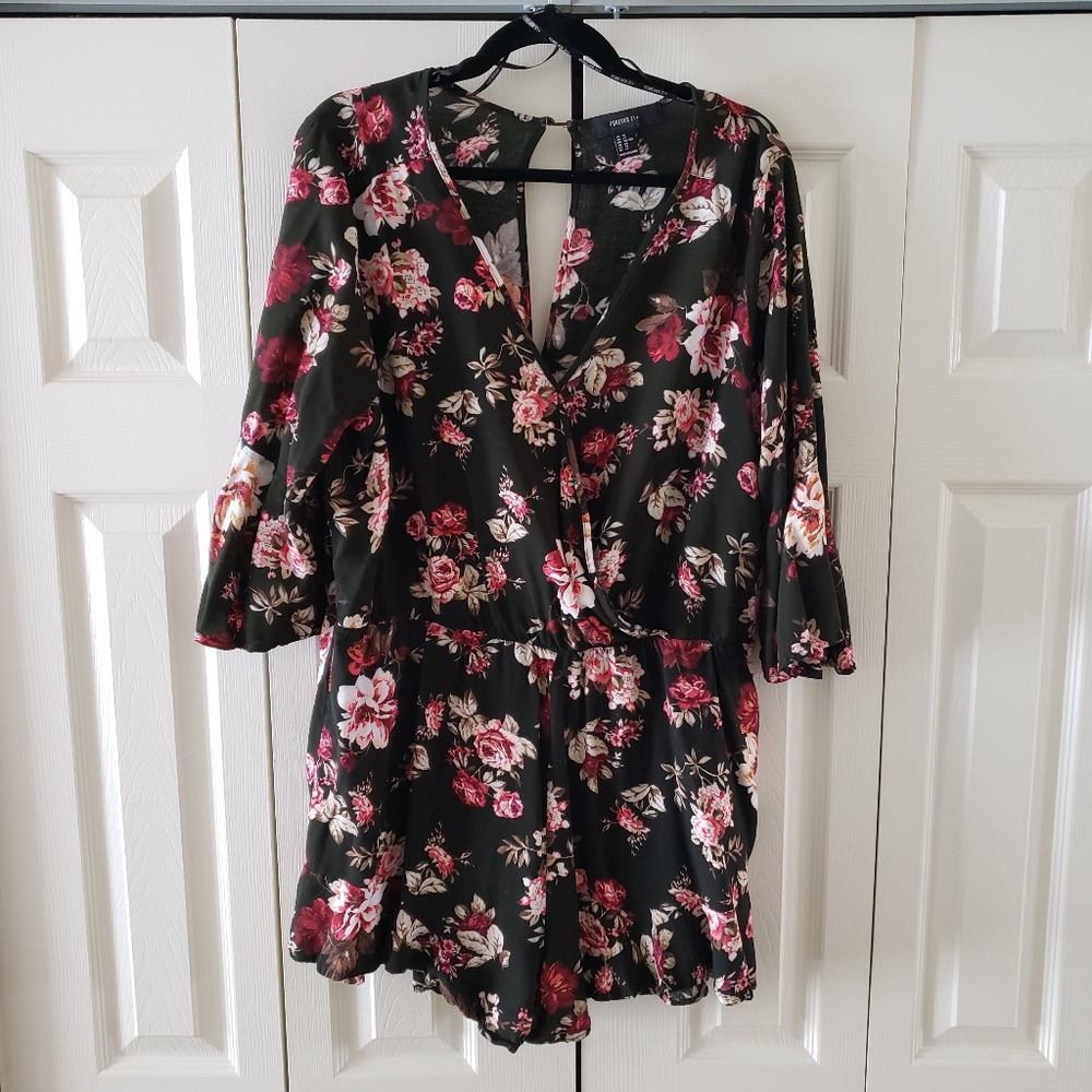 Forever21 Deep Olive Floral Faux Wrap Romper 2X
